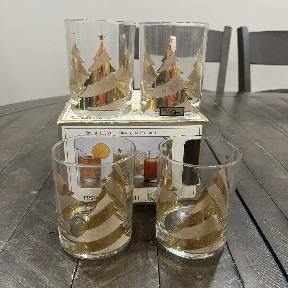 Vtg Culver Christmas Tree‎ 22k Gold Glasses Striped Signed MCM Barware Holiday 4